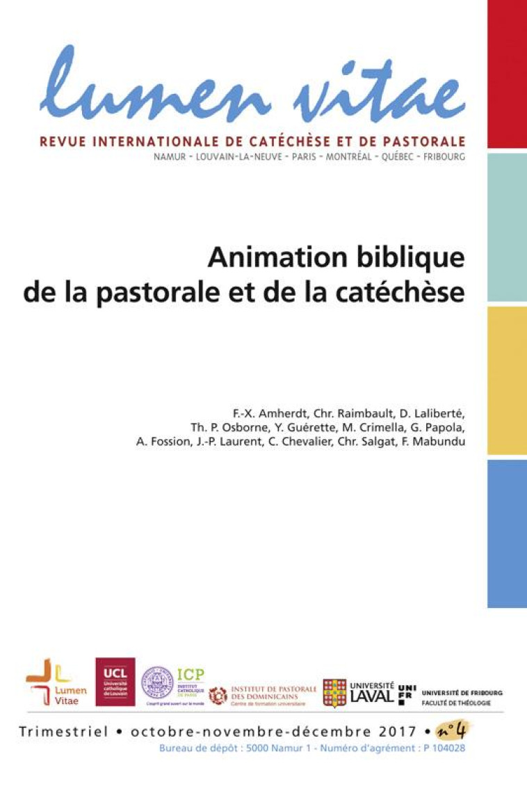 LUMEN VITAE - NUMERO 4 ANIMATION BIBLIQUE DE LA PASTORALE ET DE LA CATECHESE - REVUE LUMEN VITAE - NC