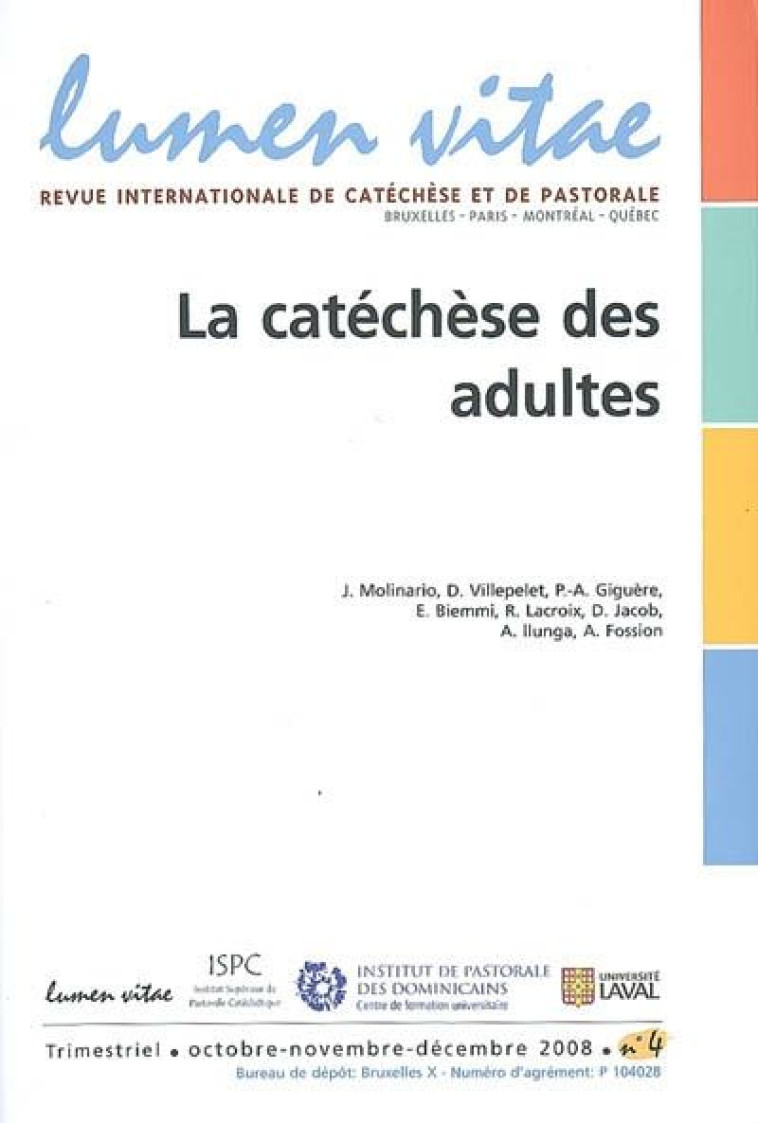 LUMEN VITAE NUMERO 4 LA CATECHESE DES ADULTES - REVUE LUMEN VITAE - LUMEN VITAE