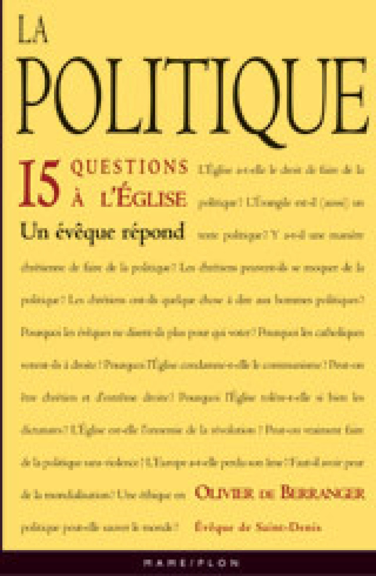 La politique. 15 questions à l'Eglise - Olivier de Berranger - MAME