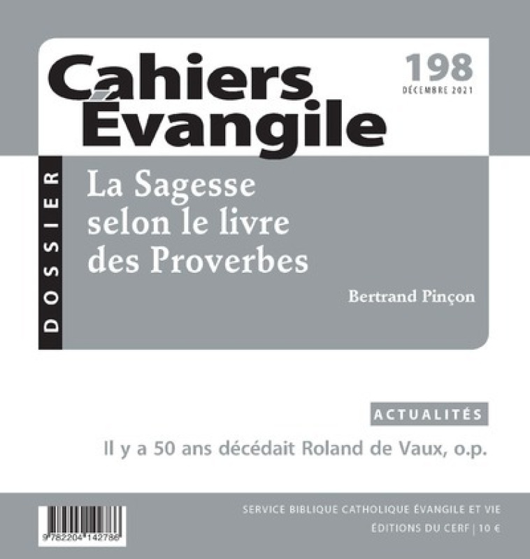 CAHIERS EVANGILE - N 198 LA SAGESSE SELON LE LIVRE DES PROVERBES - Collectif Collectif,  Collectif,  Collectif Clairefontaine - CERF