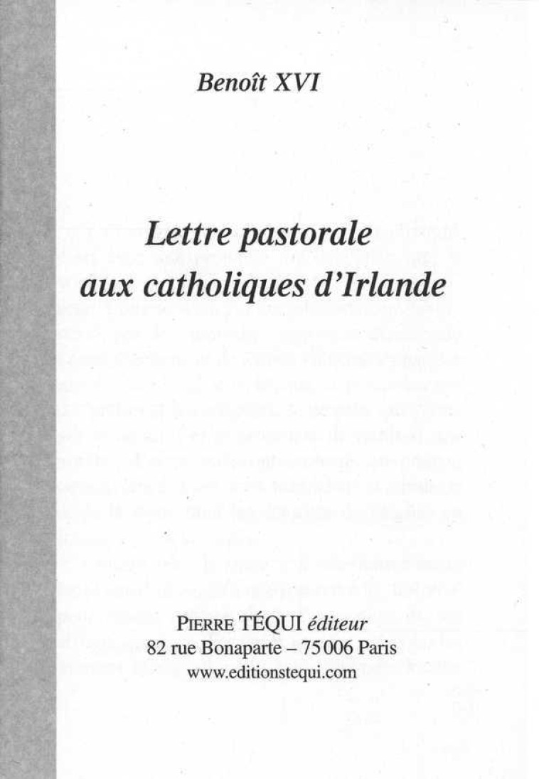 Lettre pastorale aux catholiques d'Irlande -  Benoît XVI - TEQUI