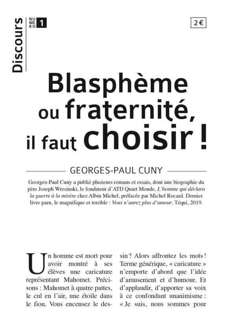 Discours n°1 - Blasphème ou fraternité, il faut choisir - Georges-Paul Cuny - TEQUI