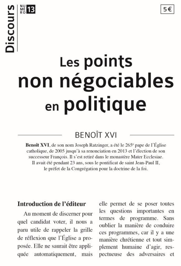 Discours n°13 - Les points non négociables en politique -  Benoît XVI - TEQUI