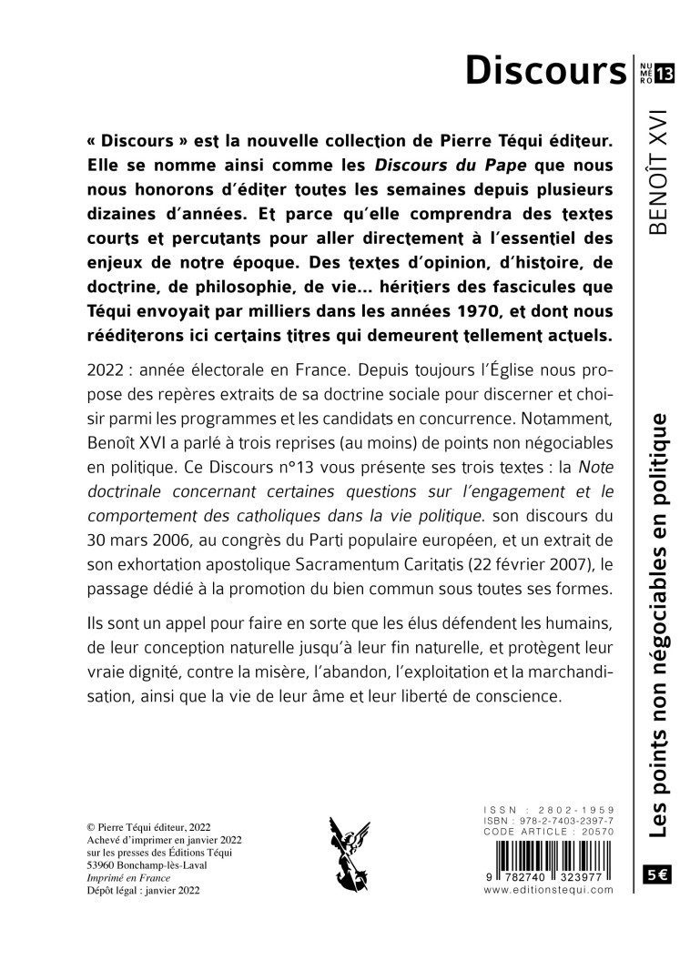 Discours n°13 - Les points non négociables en politique -  Benoît XVI - TEQUI