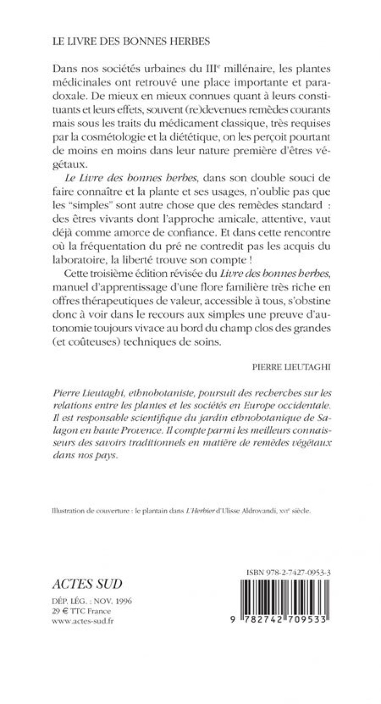 Le livre des bonnes herbes - Pierre Lieutaghi - ACTES SUD