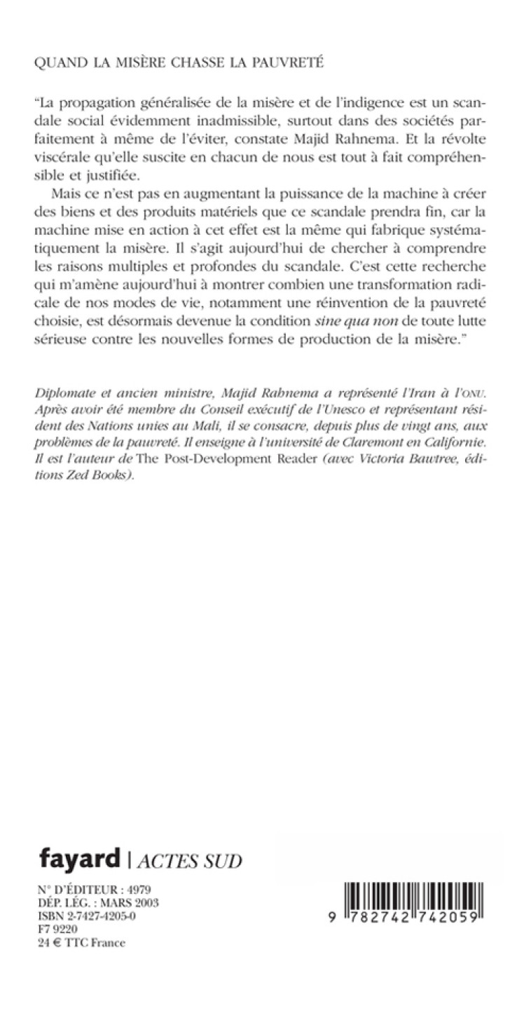 Quand la misère chasse la pauvreté - Majid Rahnema - ACTES SUD