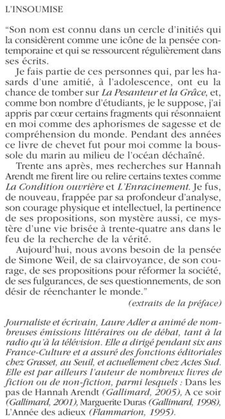 Simone Weil l'insoumise - Laure Adler - ACTES SUD