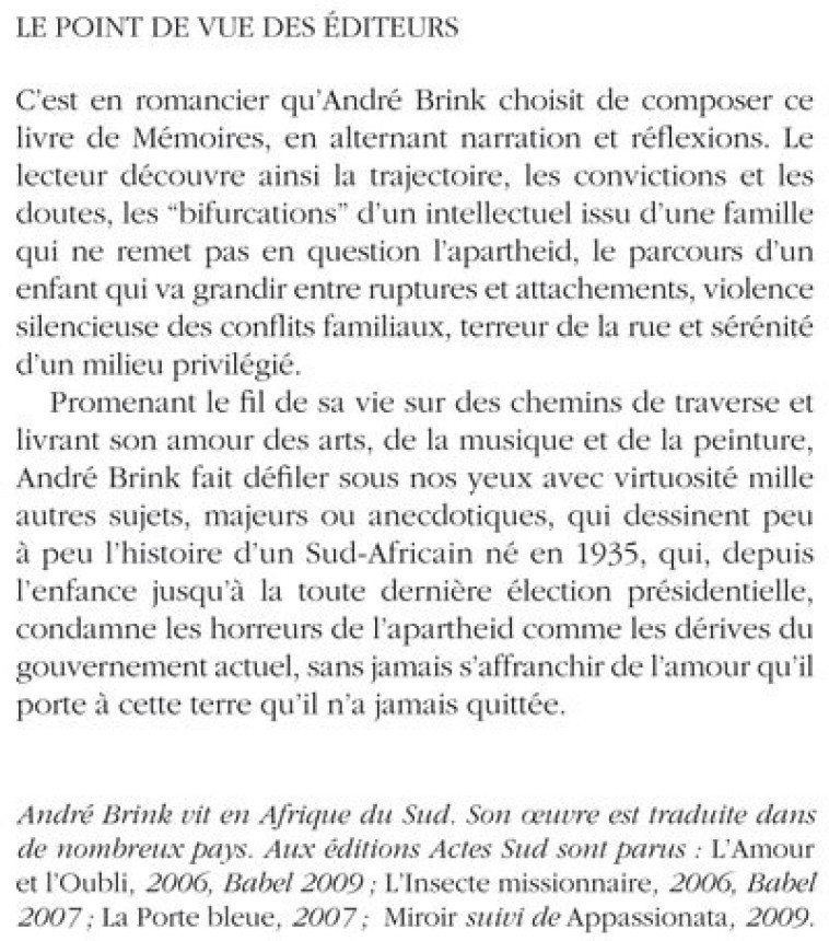 Mes bifurcations - André Brink - ACTES SUD